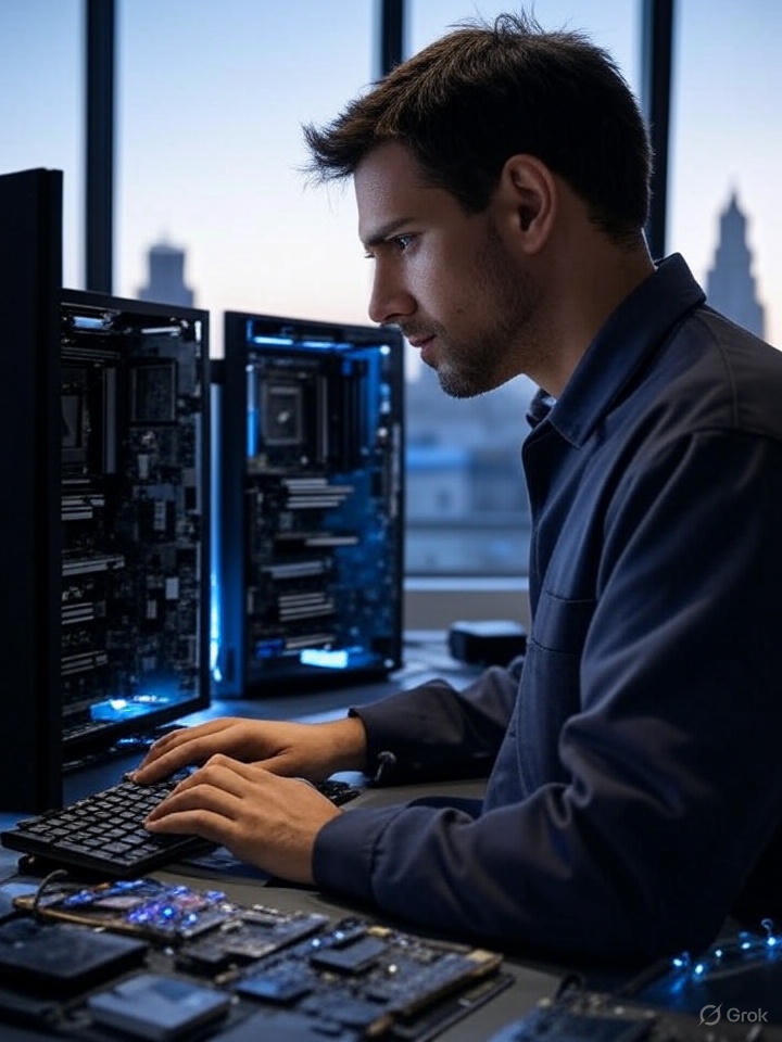 Técnico gestionando servicios cloud en centro de datos Madrid